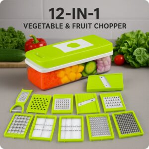 12-in-1 Vegetable & Fruit Chopper | Multi-Purpose Slicer, Dicer, Grater, Peeler – Unbreakable Kitchen Cutter with Easy Clean Button (Green)
