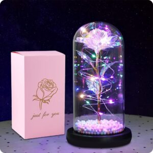 Gold Stem Light-Up Galaxy Rose in Glass Dome – Elegant LED Flower for Romantic Decor & Memorable Gifts